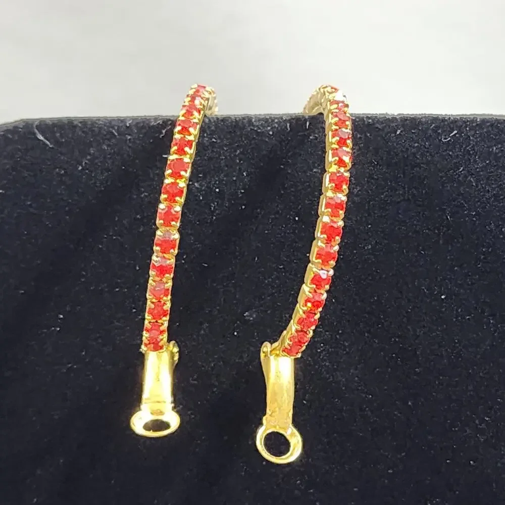 Red Crystal Rhinestone Studded Earrings Gold Tone Hoop Omega Closure Valentines